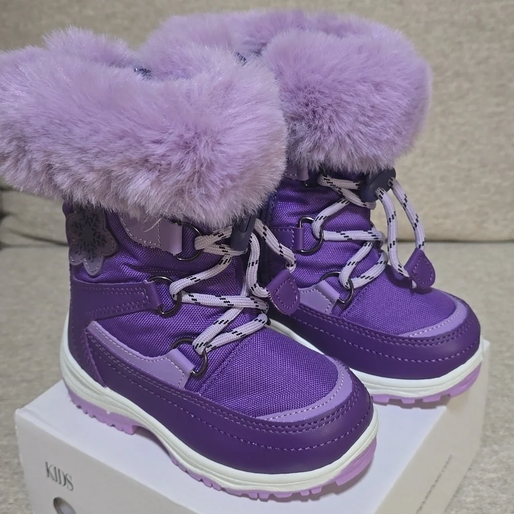Purple Snow Boots Faux Fur Lined Mid-Calf   Slip Restiant Boots